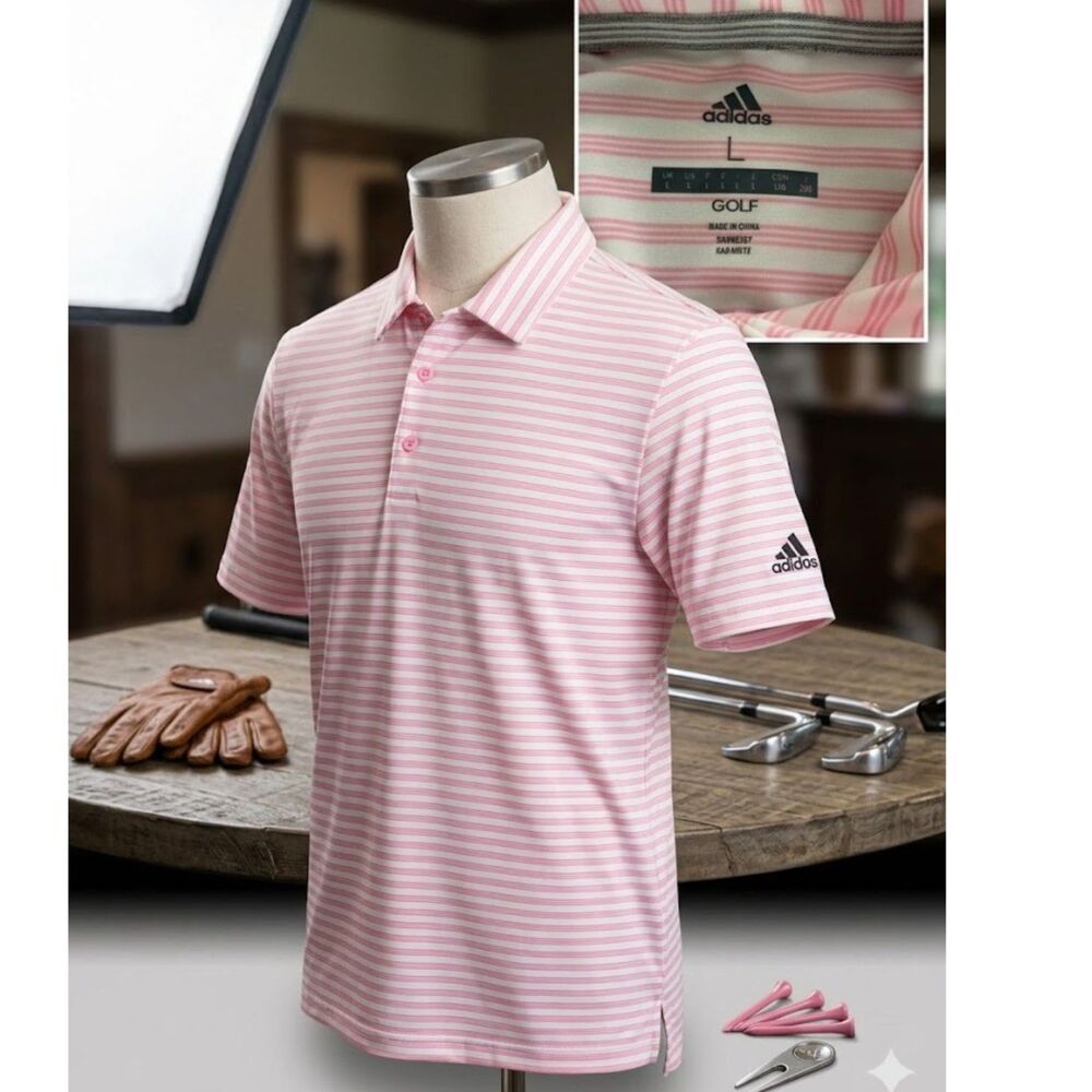 Adidas Golf Polo Shirt Mens Lg Pink White Striped Performance Performance Shirt